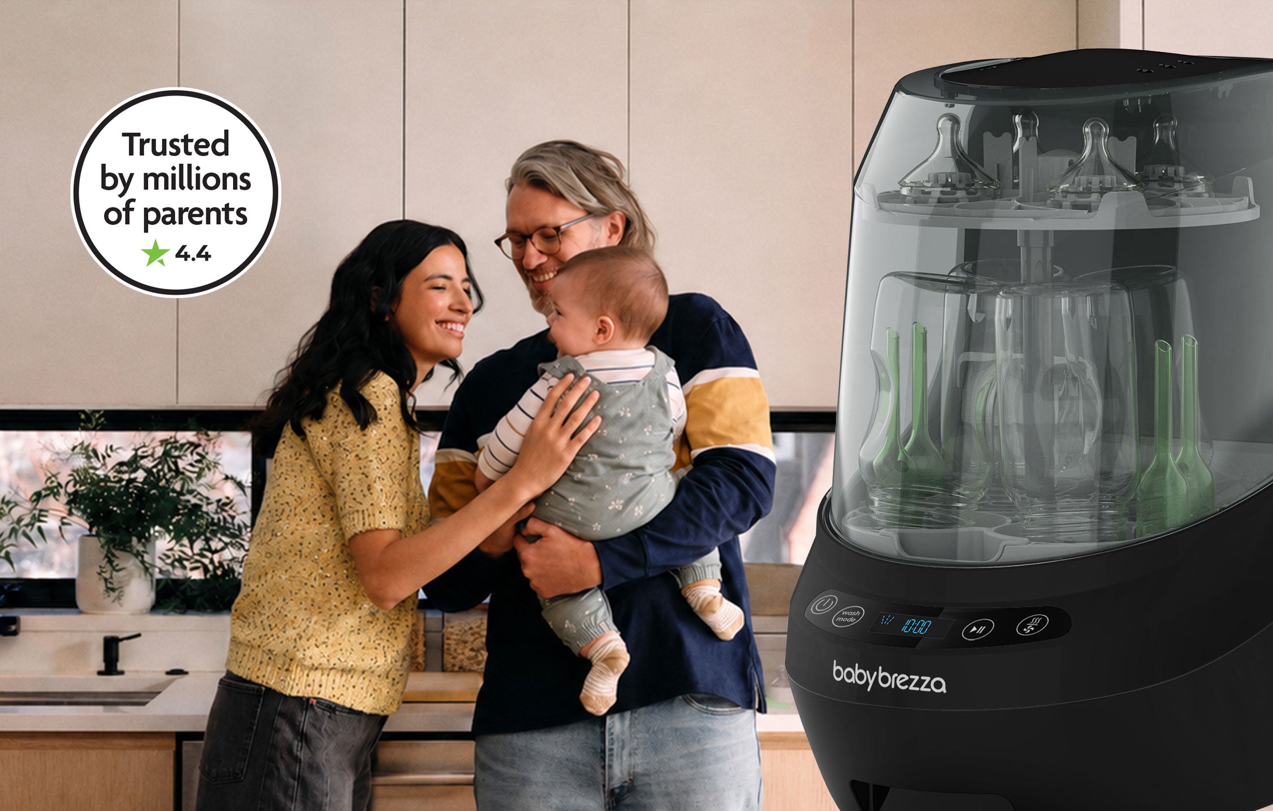 A Baby Brezza sterilizer and dryer machine shown prominently on the right, with a family of three smiling and holding a baby on the left in a kitchen setting. A circular badge reads 'Trusted by millions of parents. 4.4 stars.