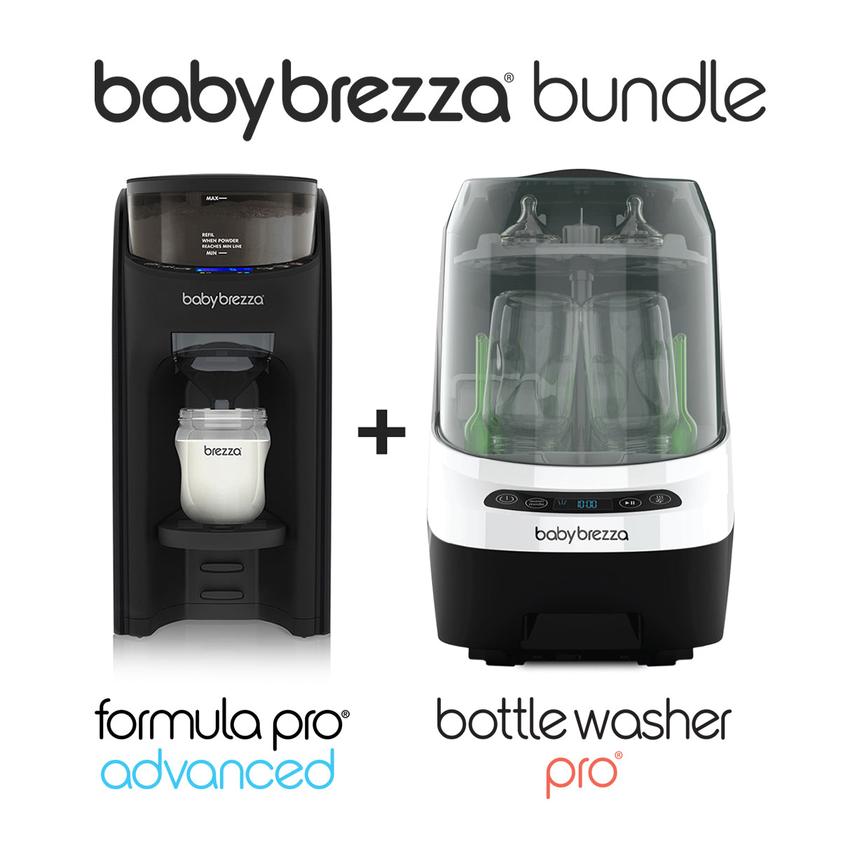 The Baby Brezza UK PERFECT BOTTLE PREP BUNDLE includes the Formula Pro Advanced, Black on the left and the Bottle Washer Pro on the right, both shown with bottles inside. - product thumbnail