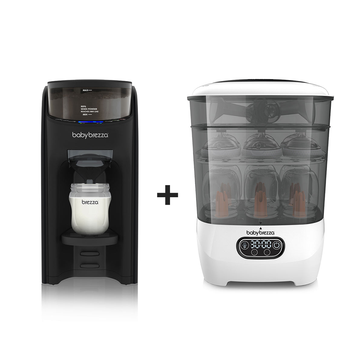 The Baby Brezza UK BESTSELLER BUNDLE features the black Formula Pro Advanced filled with milk and the white & grey Steriliser Dryer Advanced holding bottles, displayed together on a white background. - product thumbnail
