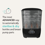 A black and transparent Baby Brezza UK Steriliser Dryer Advanced filled with bottles, featuring text about its HEPA filter for automatic sterilising and drying, plus breast pump parts. A small clock icon appears on the left. - product thumbnail