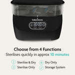 A black Baby Brezza UK Steriliser Dryer Advanced with digital controls is shown. It offers four modes—Sterilise & Dry, Sterilise Only, Dry Only, and Storage System—features a HEPA filter, and sterilises items in about 10 minutes. - product thumbnail
