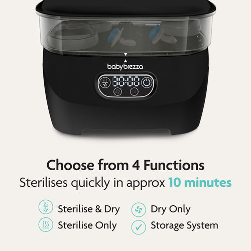 A black Baby Brezza UK Steriliser Dryer Advanced with digital controls is shown. It offers four modes—Sterilise & Dry, Sterilise Only, Dry Only, and Storage System—features a HEPA filter, and sterilises items in about 10 minutes. - product thumbnail