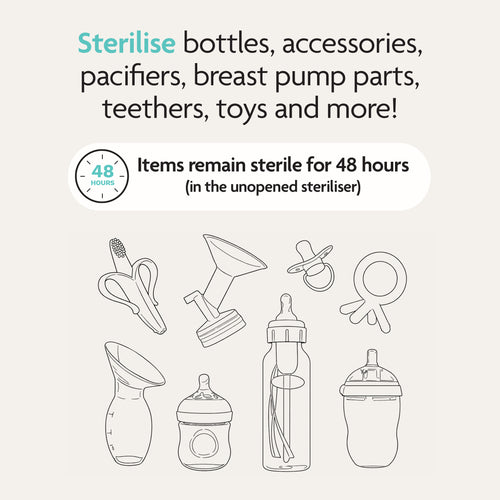 Illustration of bottles, accessories, pacifiers, breast pump parts, teethers & toys. With the Baby Brezza UK Steriliser Dryer Advanced, items stay sterile for 48 hours when left unopened in the steriliser. - product thumbnail
