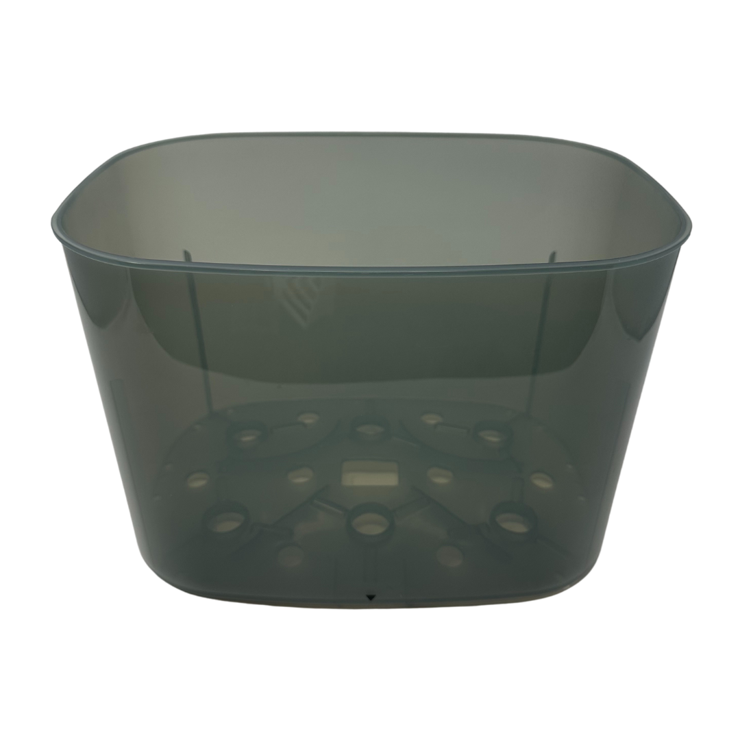 The Baby Brezza UK Steriliser Dryer Replacement Large Basket is a translucent, dark gray, rectangular plastic bin with rounded corners and a slightly tapered design, perfect as a replacement for your Steriliser Dryer Advanced. - product thumbnail