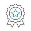 A simple line icon of a ribbon badge with a blue star in the center 