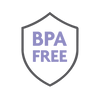 A shield-shaped graphic with the words 'BPA FREE' in purple text