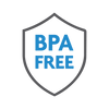 A white shield icon with a gray border and blue text reading 'BPA FREE'
