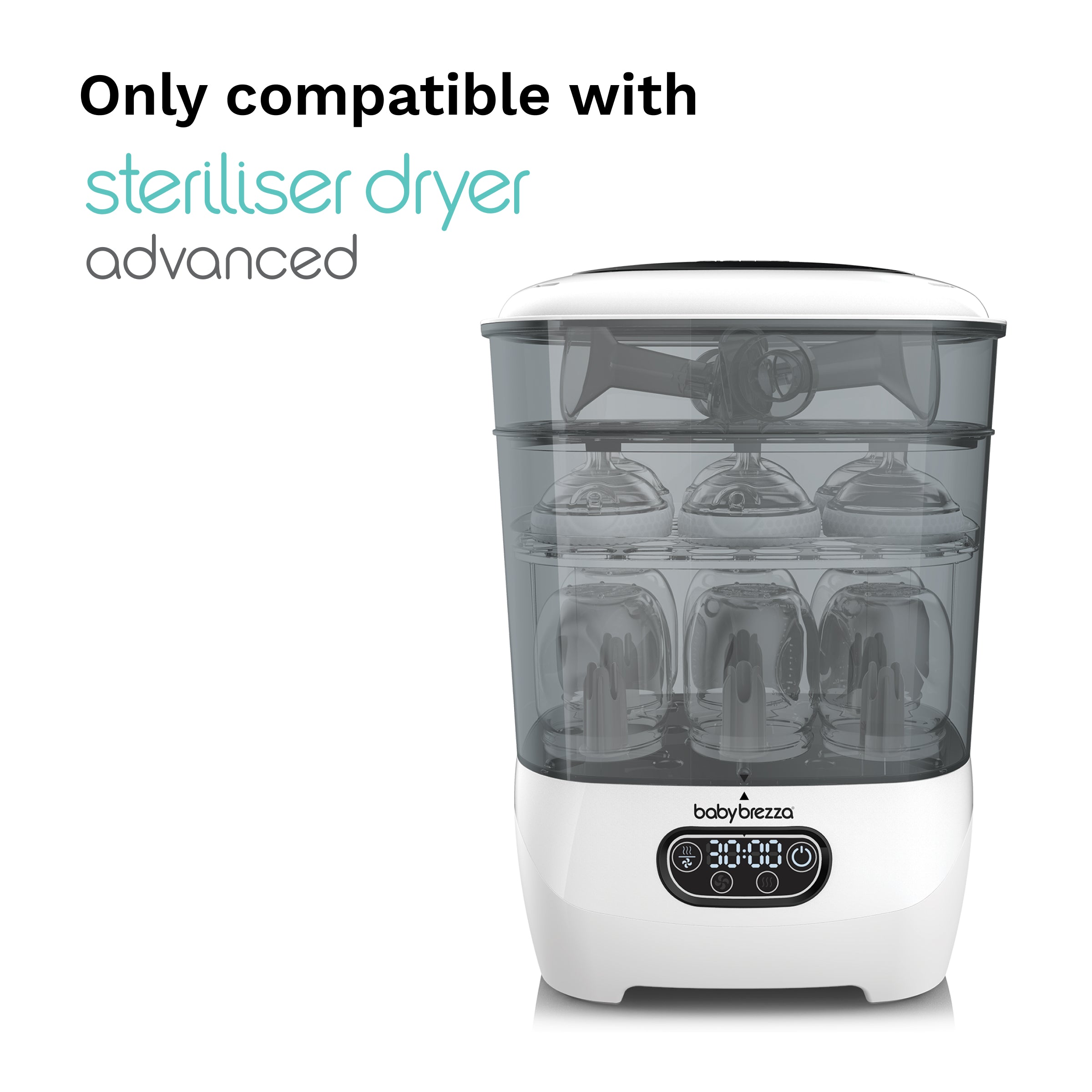 A Baby Brezza UK Replacement Hepa Filter for the Steriliser Dryer Advanced is shown above the appliance, which has bottles inside. A notice reads: "Only compatible with Steriliser Dryer Advanced. - product thumbnail