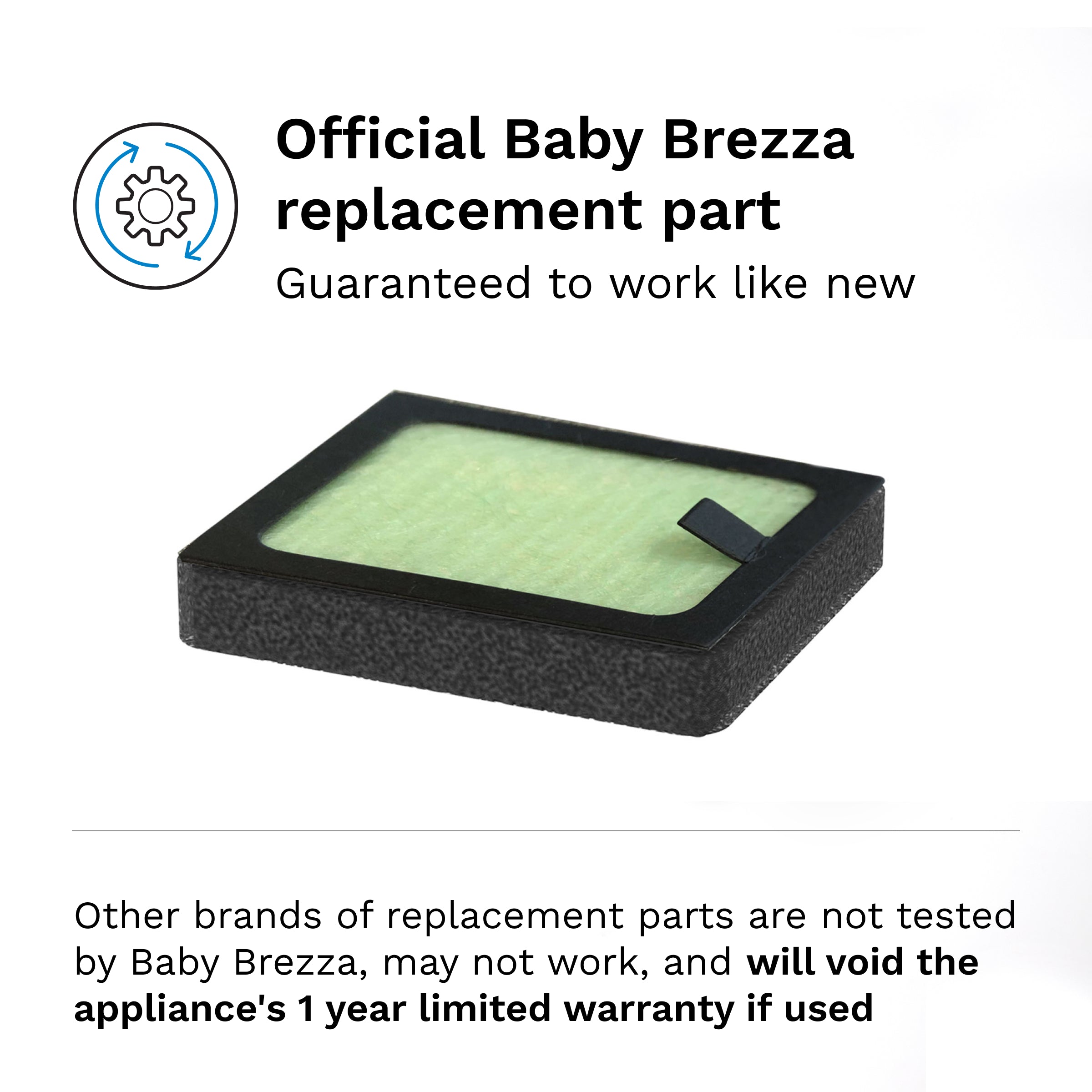 The Baby Brezza UK Replacement Hepa Filter for the Steriliser Dryer Advanced is an official part, shown green and black on white. Ensures germ-free air—only use genuine filters; other brands not recommended. - product thumbnail