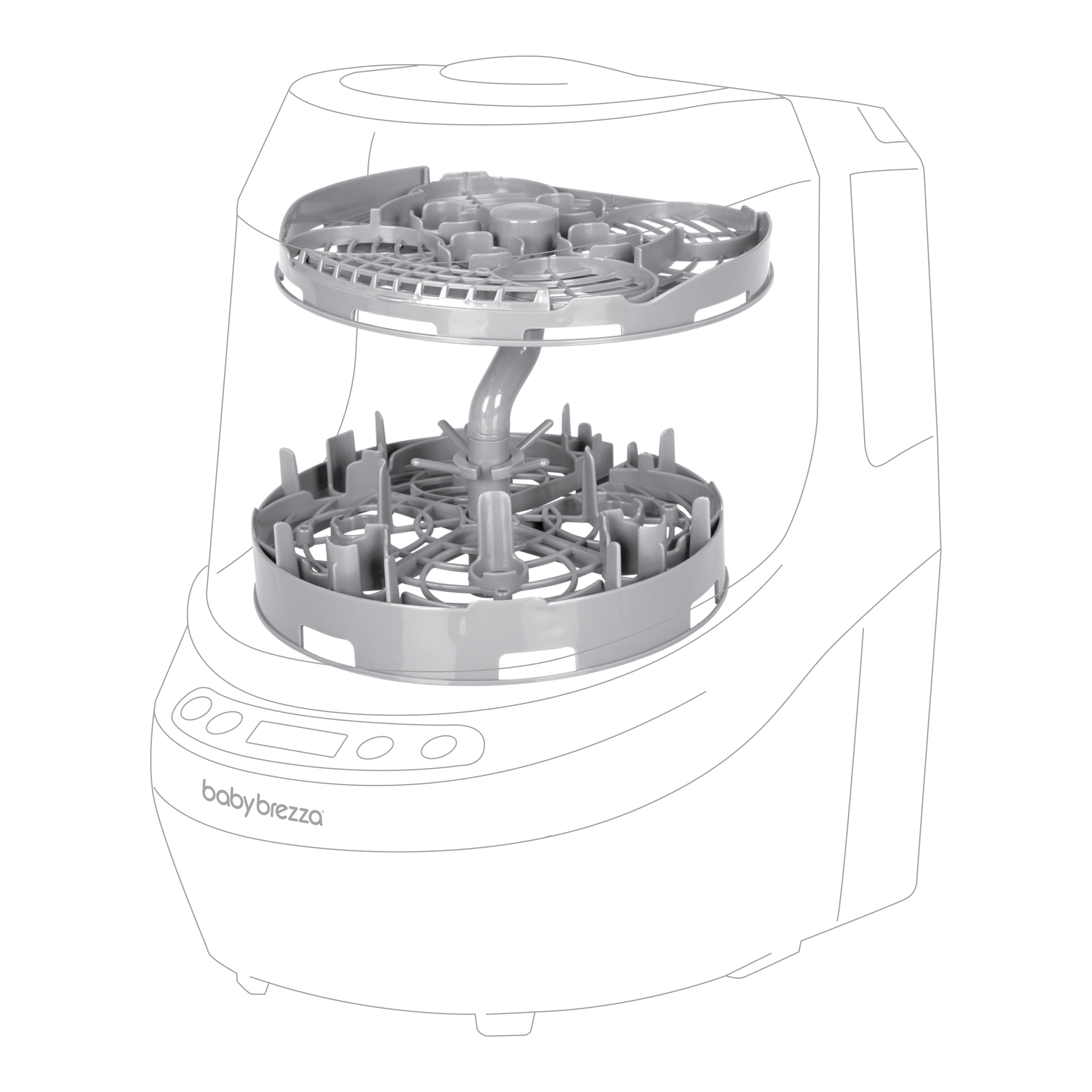 A black and white line diagram of the Baby Brezza UK Breast Pump Rack for Bottle Washer Pro®, showing two round, detachable trays that serve as a universal fit rack for baby bottles, accessories, and breast pump parts during sterilization. - product thumbnail