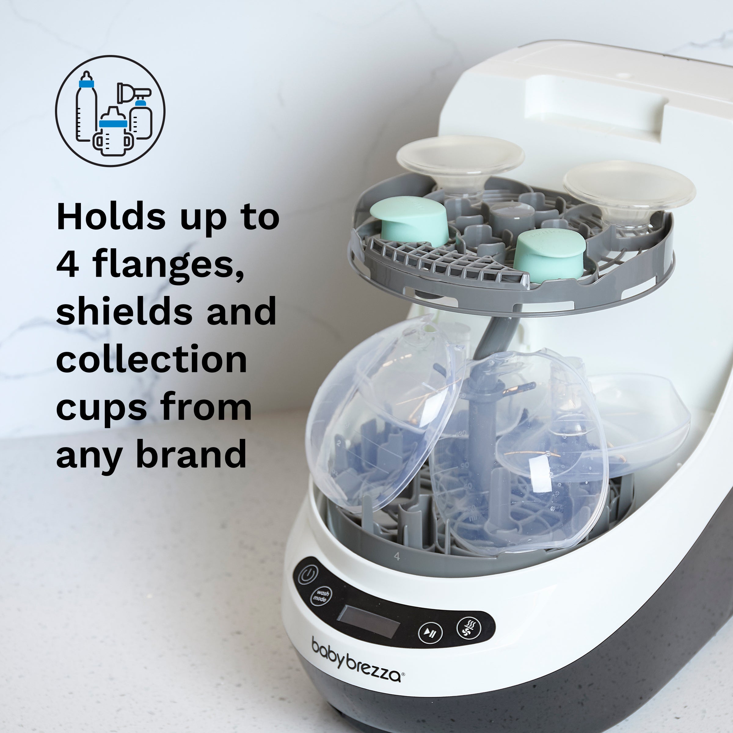 The Baby Brezza UK Breast Pump Rack for Bottle Washer Pro® fits any brand's parts and holds up to four breast pump flanges, shields, and collection cups, making it easy to clean your pump accessories right on your countertop. - product thumbnail