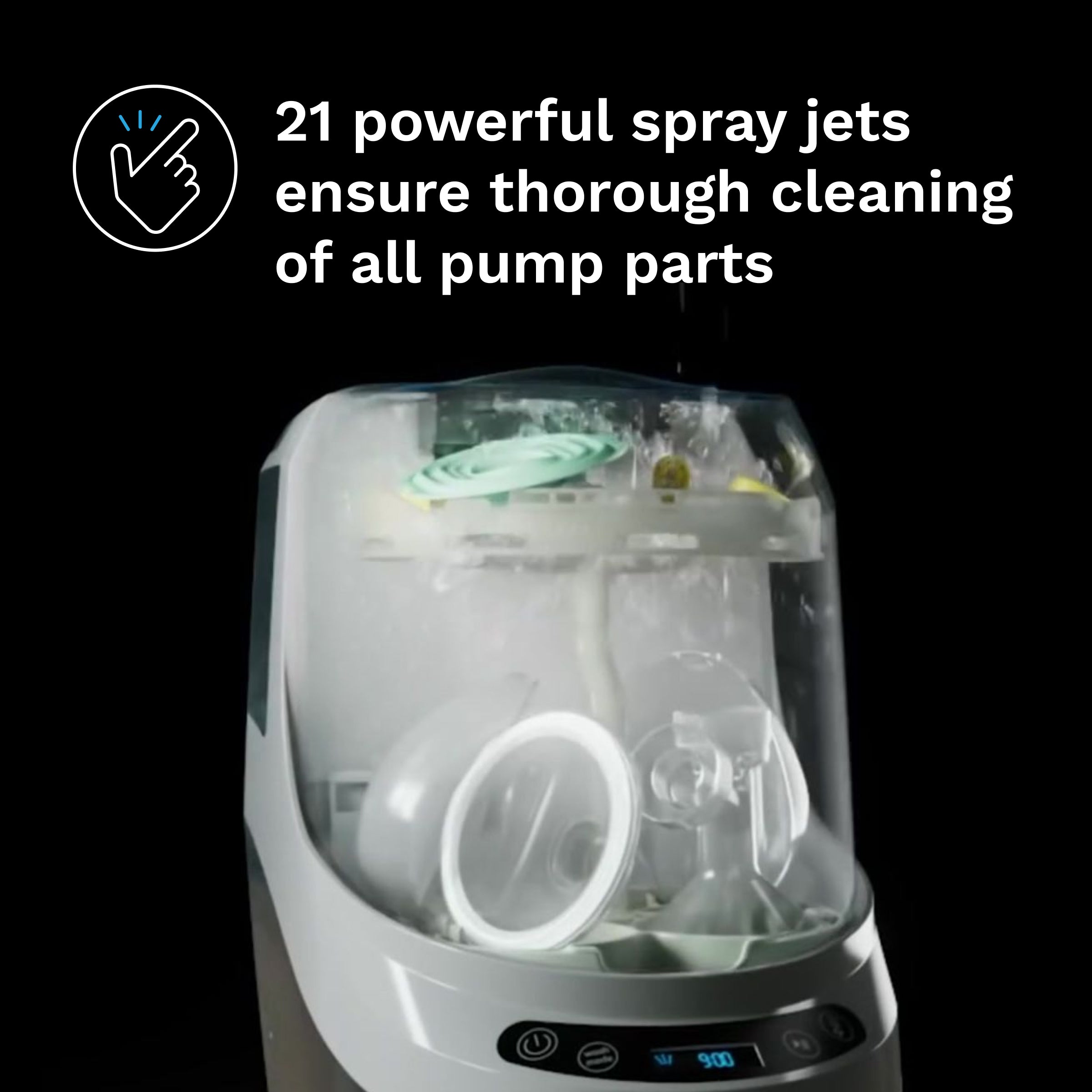 The Baby Brezza UK Breast Pump Rack for Bottle Washer Pro® has 21 powerful spray jets to thoroughly clean all pump parts. Includes a convenient rack for washing and sterilizing accessories. Image text: 21 powerful spray jets ensure thorough cleaning of all pump parts. - product thumbnail