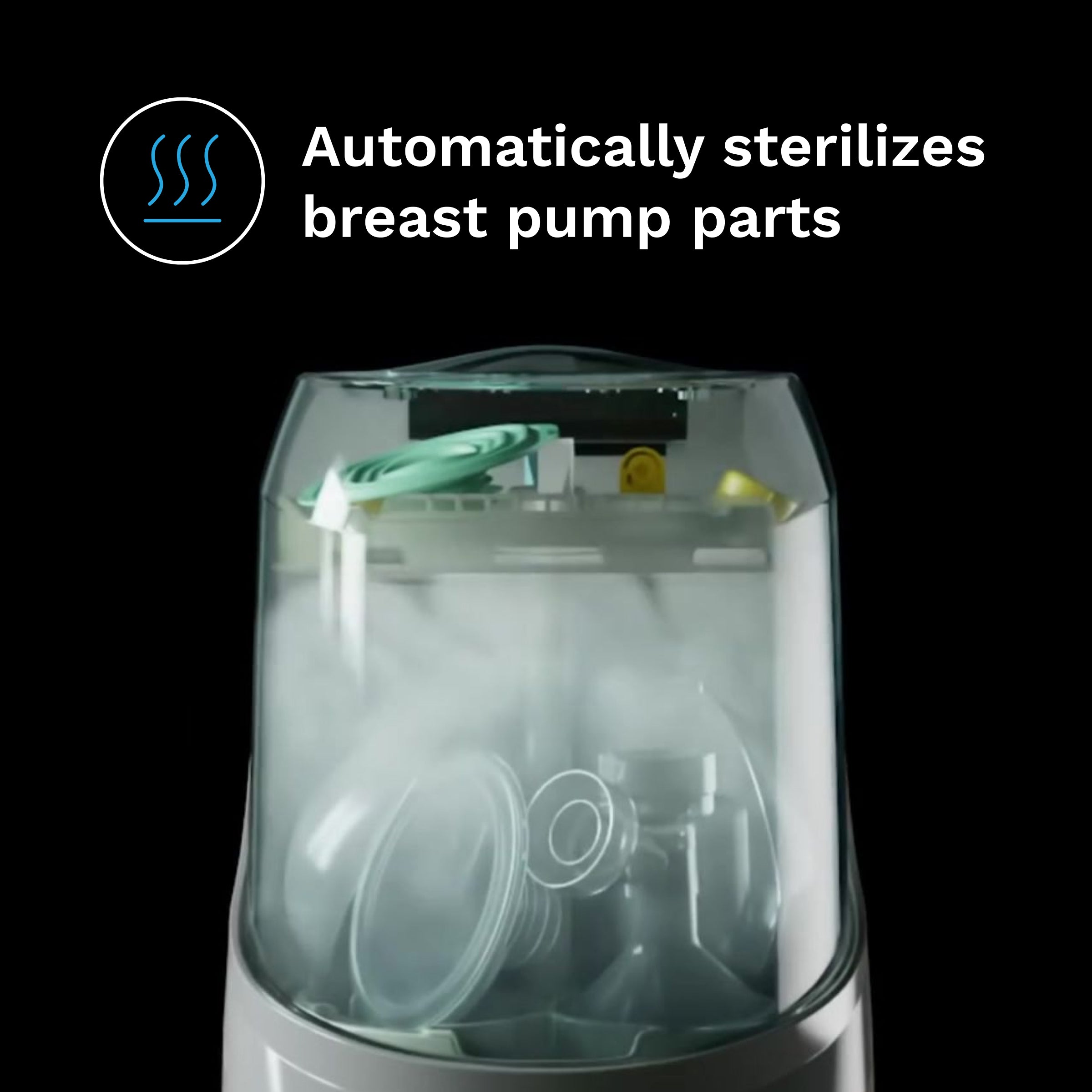 The Baby Brezza UK BUNDLE: Bottle Washer Pro + Breast Pump Rack emits steam to clean and dry breast pump parts, with the caption "Automatically sterilizes breast pump parts" displayed above the device on a black background. - product thumbnail