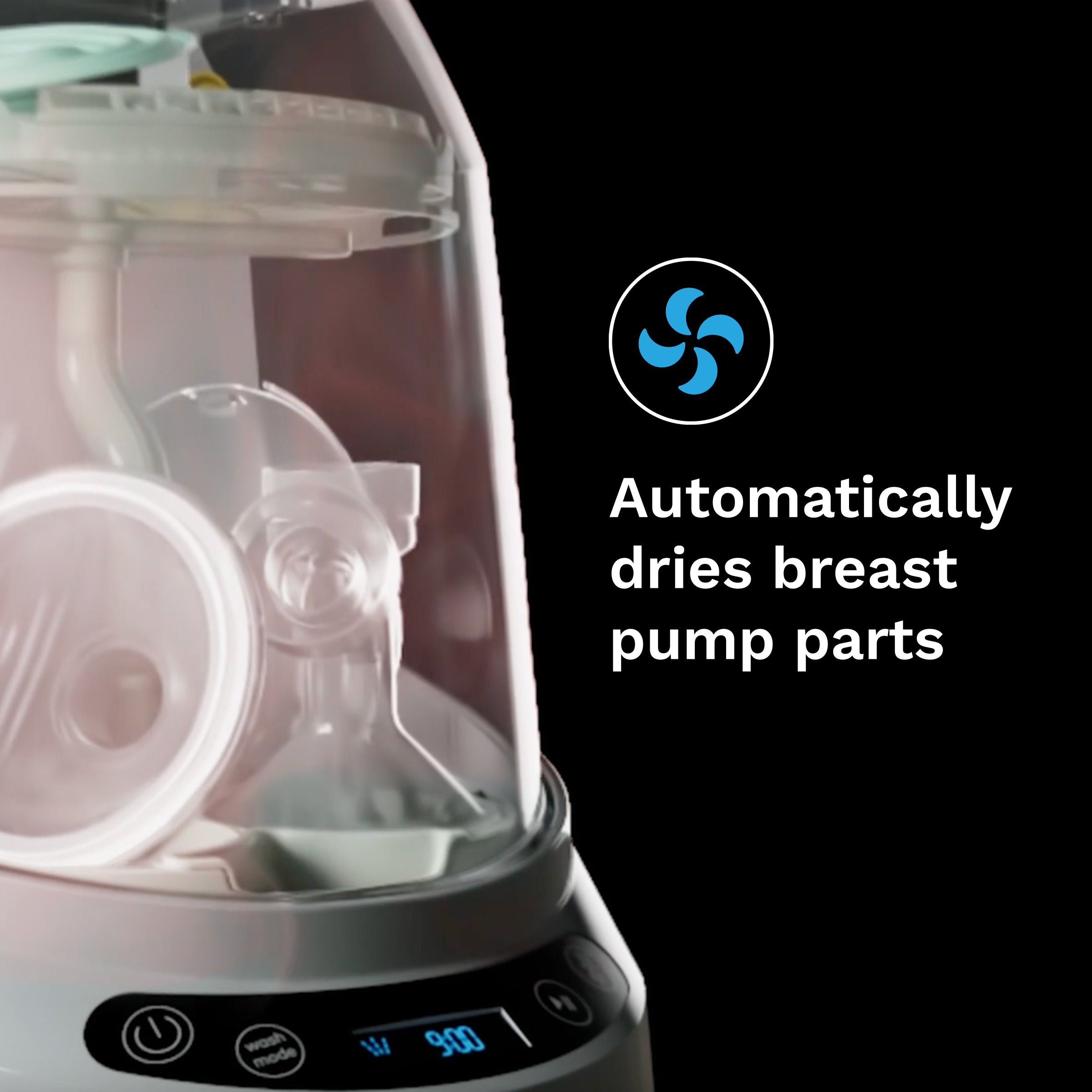 A close-up of the Baby Brezza UK BUNDLE: Bottle Washer Pro + Breast Pump Rack, a bottle sterilizer and dryer with fan icon and the text "Automatically dries breast pump parts" on a black background. - product thumbnail