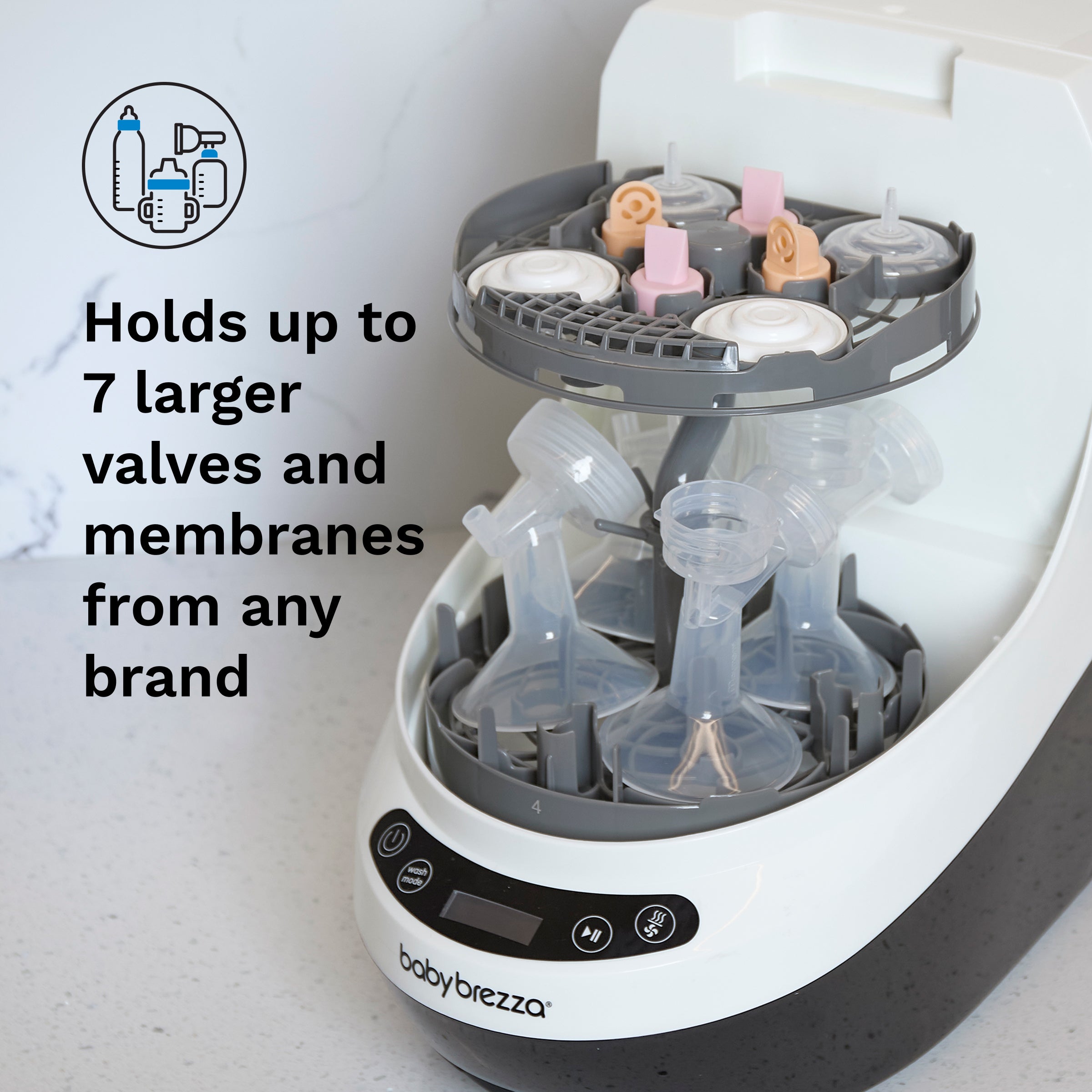 The Baby Brezza UK BUNDLE: Bottle Washer Pro + Breast Pump Rack holds up to 7 large breast pump valves and membranes from any brand. Text and icons at left describe its versatile sterilizing and drying features. - product thumbnail
