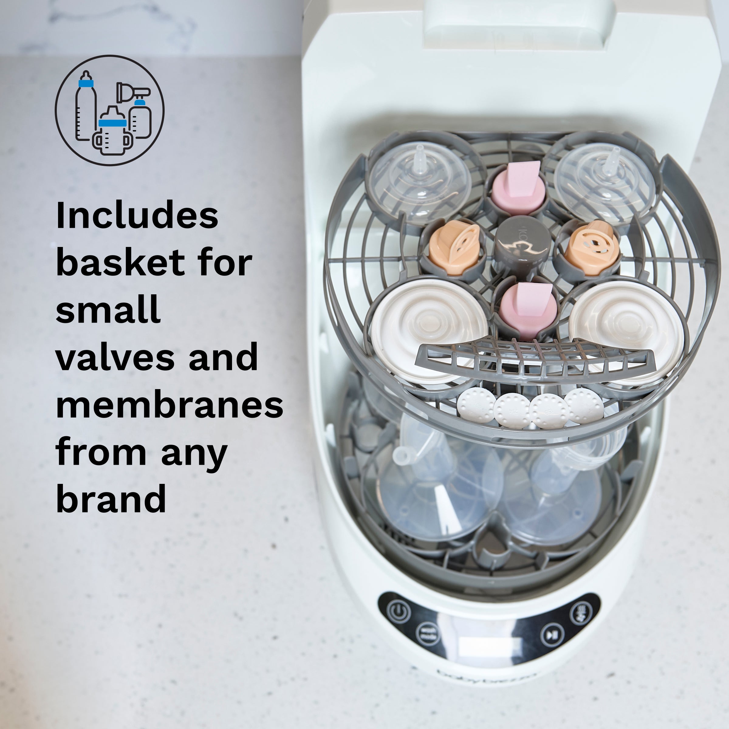 Top-down view of Baby Brezza UK BUNDLE: Bottle Washer Pro + Breast Pump Rack with small bottles, valves, and membranes inside. Text: Includes basket for small valves and membranes from any brand. Bottle illustration in the corner. - product thumbnail