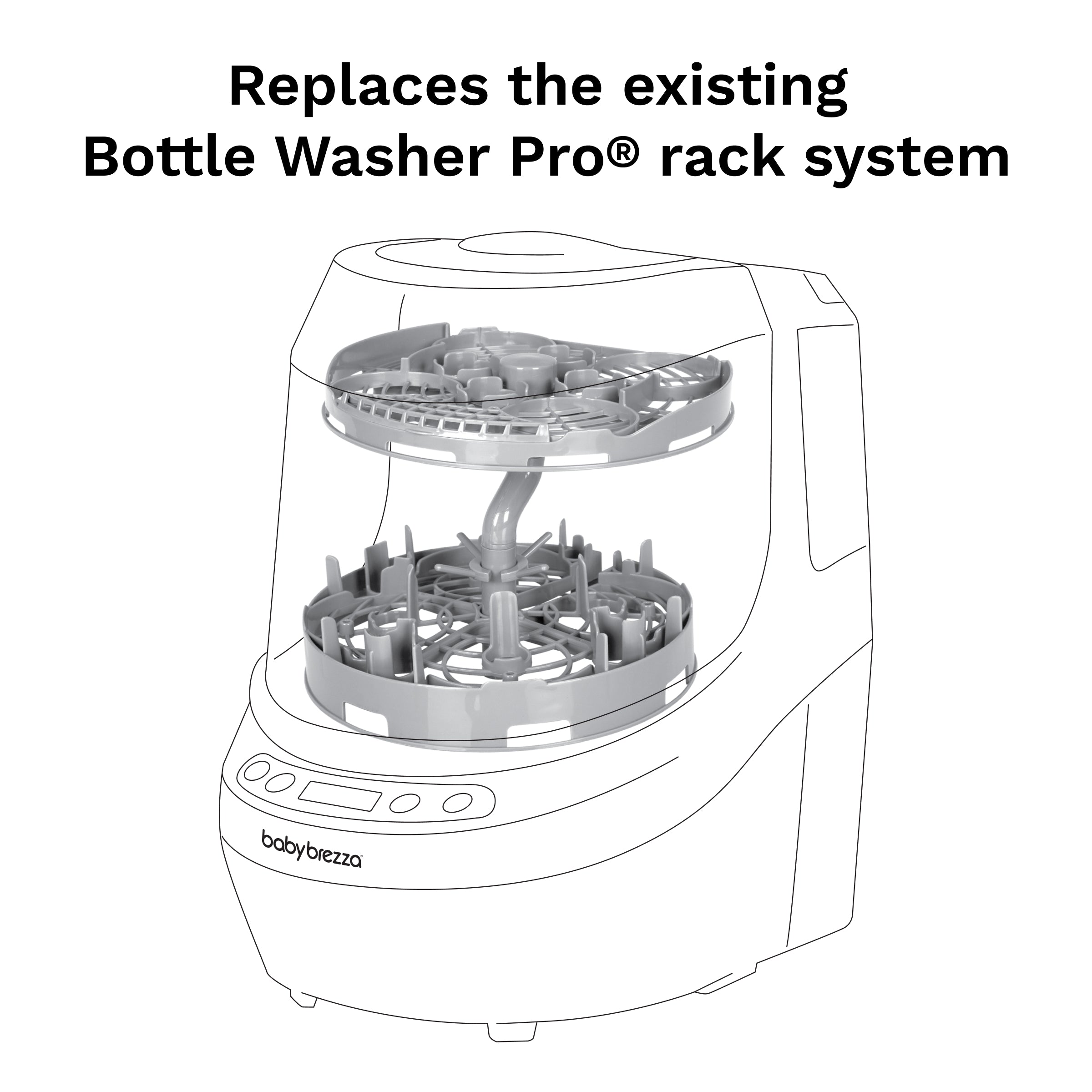 Line drawing of the Baby Brezza UK BUNDLE: Bottle Washer Pro + Breast Pump Rack with the new rack inside. Text above reads, Replaces the existing rack system in your bottle sterilizer and dryer. - product thumbnail