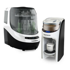 The Baby Brezza UK PERFECT BOTTLE PREP BUNDLE includes the Formula Pro Advanced making formula (right) and the Bottle Washer Pro cleaning bottles (left), both in a sleek black and white design.