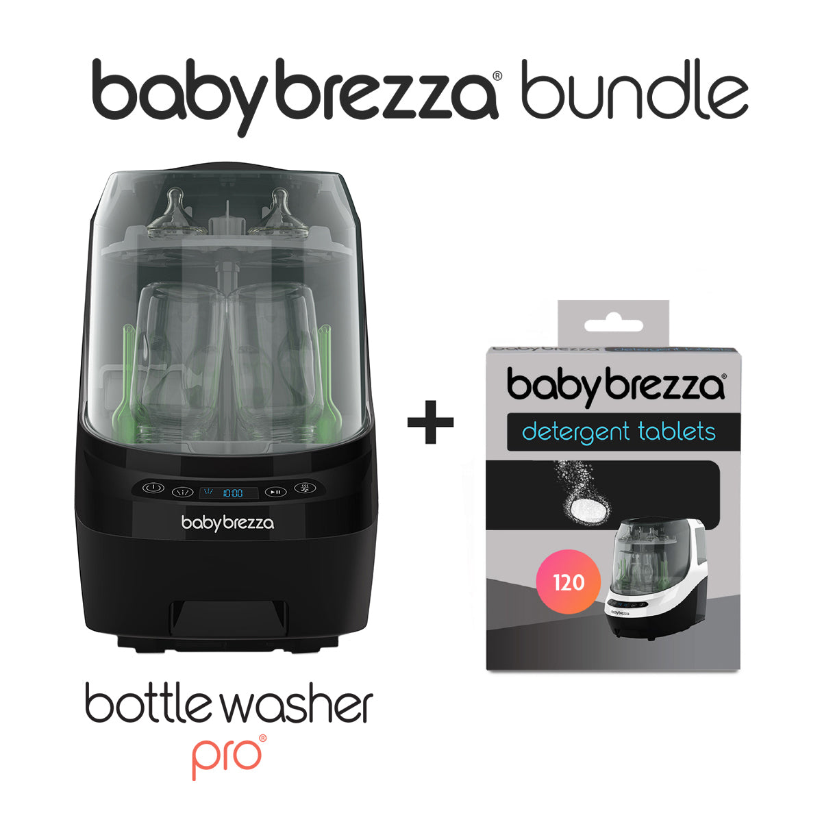 The Baby Brezza UK BUNDLE: Bottle Washer Pro (all black) with bottles inside is shown next to a box of 120 detergent tablets. The words "bottle washer pro" and "120" are visible. - product thumbnail
