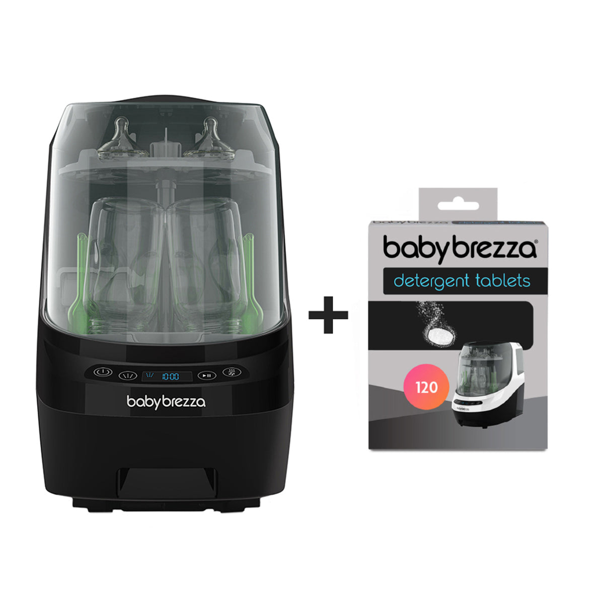 The Baby Brezza UK BUNDLE: Bottle Washer Pro + Detergent Tablets (120pcs) - All Black is shown with both items and a plus sign, highlighting a convenient bundle offer. - product thumbnail