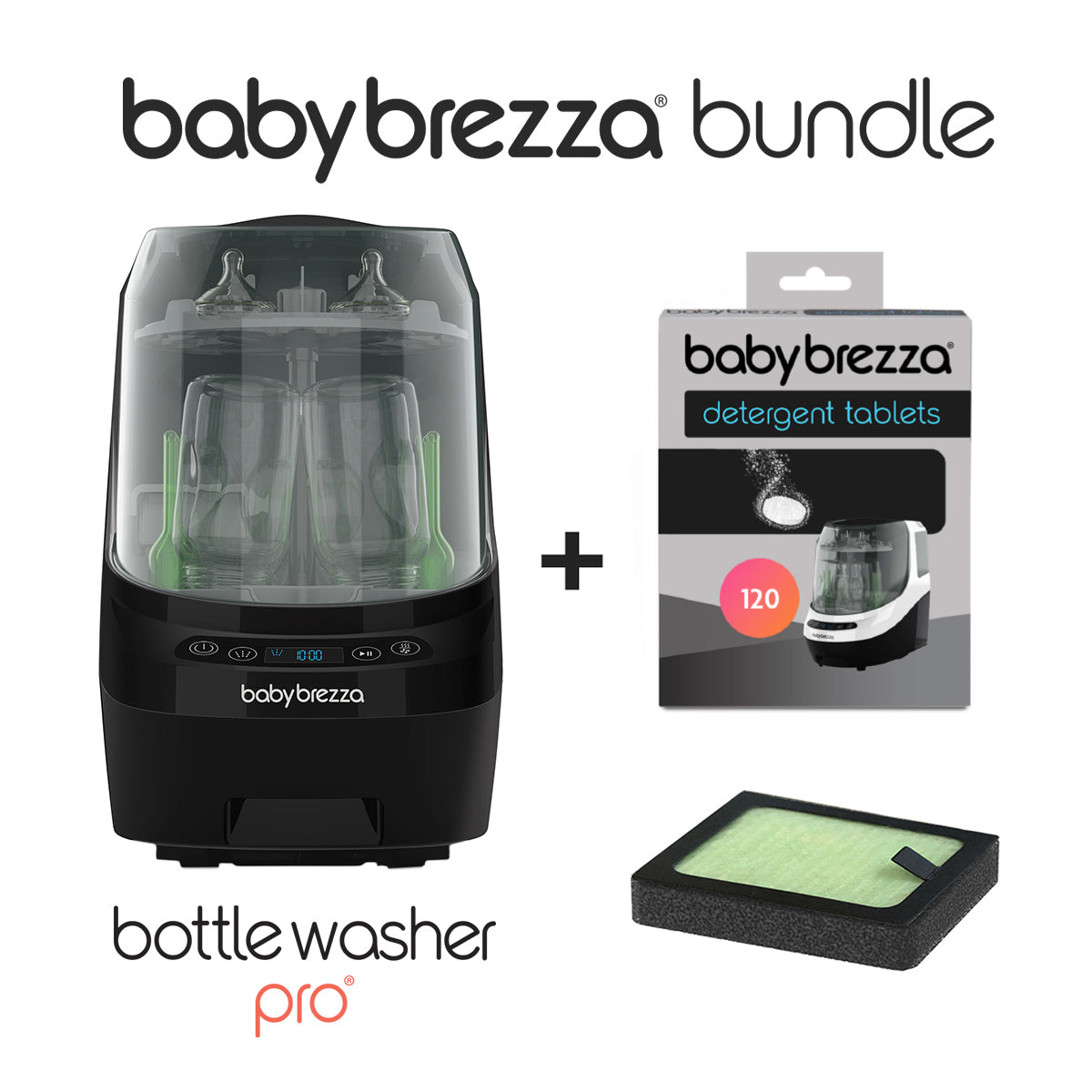 The Baby Brezza UK BUNDLE includes the Bottle Washer Pro (All Black), 120 Detergent Tablets, and a HEPA Filter—all product names clearly displayed. - product thumbnail