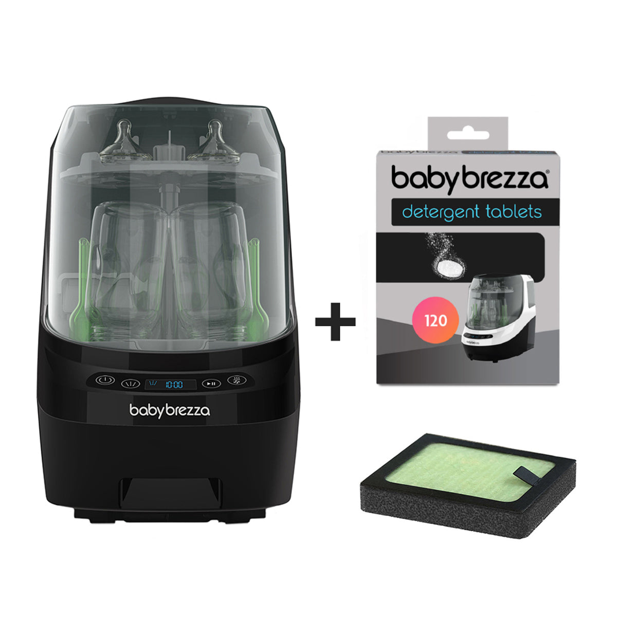 The Baby Brezza UK BUNDLE: Bottle Washer Pro, 120 Detergent Tablets, and a HEPA Filter in all black are displayed together on a white background. - product thumbnail