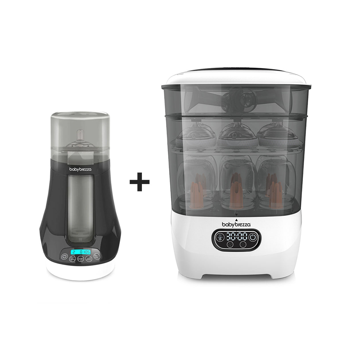 The Baby Brezza UK WARM & CLEAN BUNDLE features the Steriliser Dryer Advanced, with a HEPA filter and transparent door showing baby bottles, alongside the Bottle & Breastmilk Warmer, displayed side by side on a white background. - product thumbnail