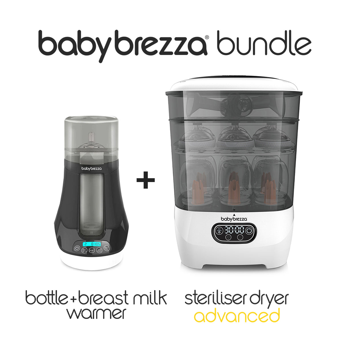 The Baby Brezza UK WARM & CLEAN BUNDLE displays the Bottle & Breastmilk Warmer and Steriliser Dryer Advanced with HEPA filter side by side on a white background. - product thumbnail