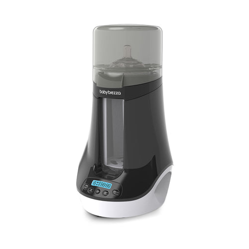 The Baby Brezza UK BUNDLE Steriliser Dryer Advanced Black and Bottle & Breast Milk Warmer features a digital display, control buttons, and a transparent top lid in a sleek black and white design. - product thumbnail