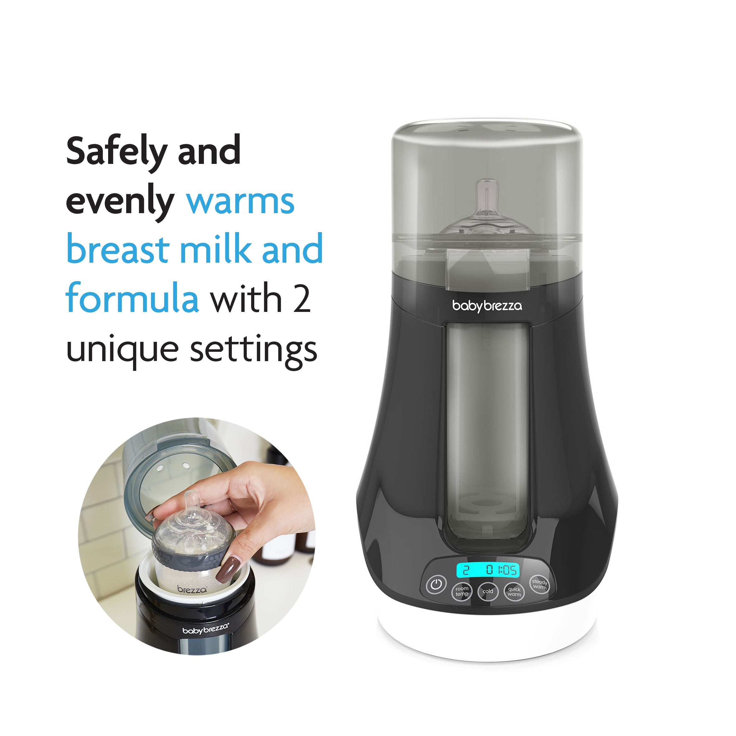 A black Baby Brezza UK WARM & CLEAN BUNDLE (Steriliser Dryer Advanced + Bottle & Breastmilk Warmer) sits on a counter, its digital display visible. An inset shows a hand placing a bottle inside the warmer, which warms milk or formula with two unique settings. - product thumbnail