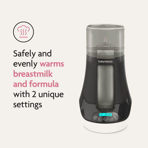 A black and gray Baby Brezza UK Bottle & Breastmilk Warmer appears next to text: Safely and evenly warms breastmilk and formula with 2 unique settings. A pink steam icon sits above the text. - product thumbnail