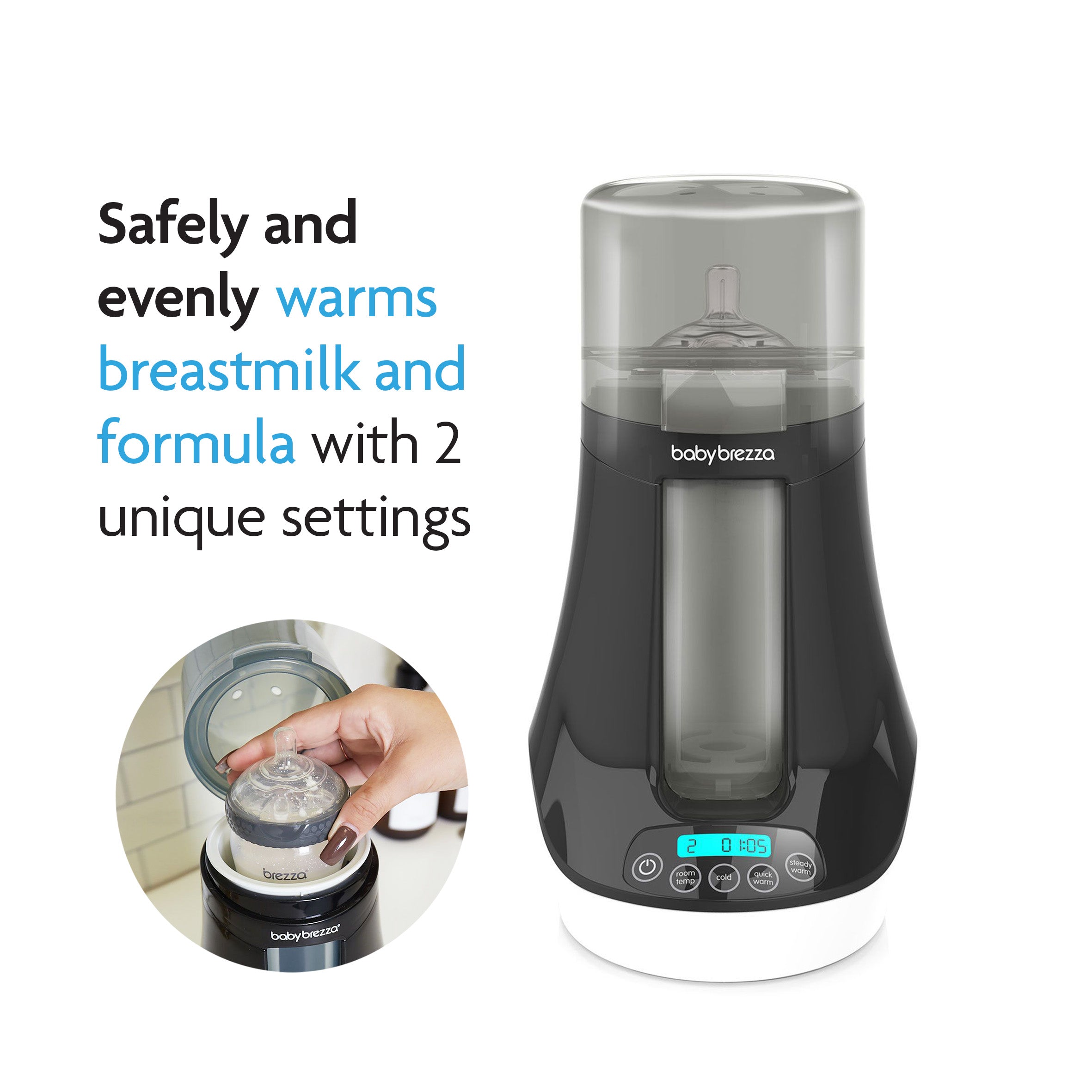 A black and gray Bottle & Breastmilk Warmer with a display screen is shown. Text reads: “Safe warming: evenly heats breastmilk and formula with 2 unique settings.” A hand places a bottle inside the warmer in an inset. - product thumbnail