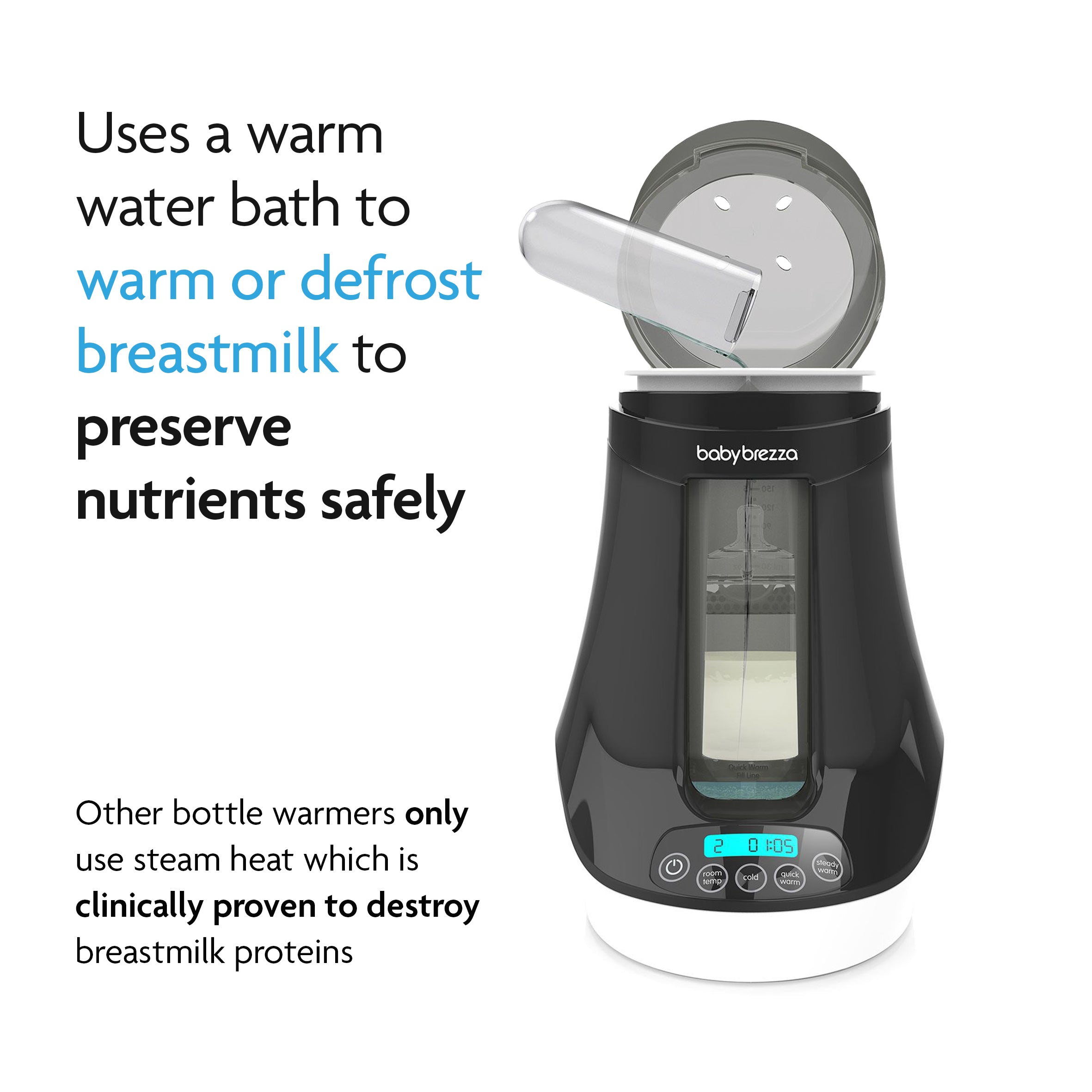 The Baby Brezza UK WARM & CLEAN BUNDLE: Steriliser Dryer Advanced + Bottle & Breastmilk Warmer safely warms or defrosts breastmilk with a gentle water bath, helping preserve nutrients, unlike steam-based bottle warmers. - product thumbnail