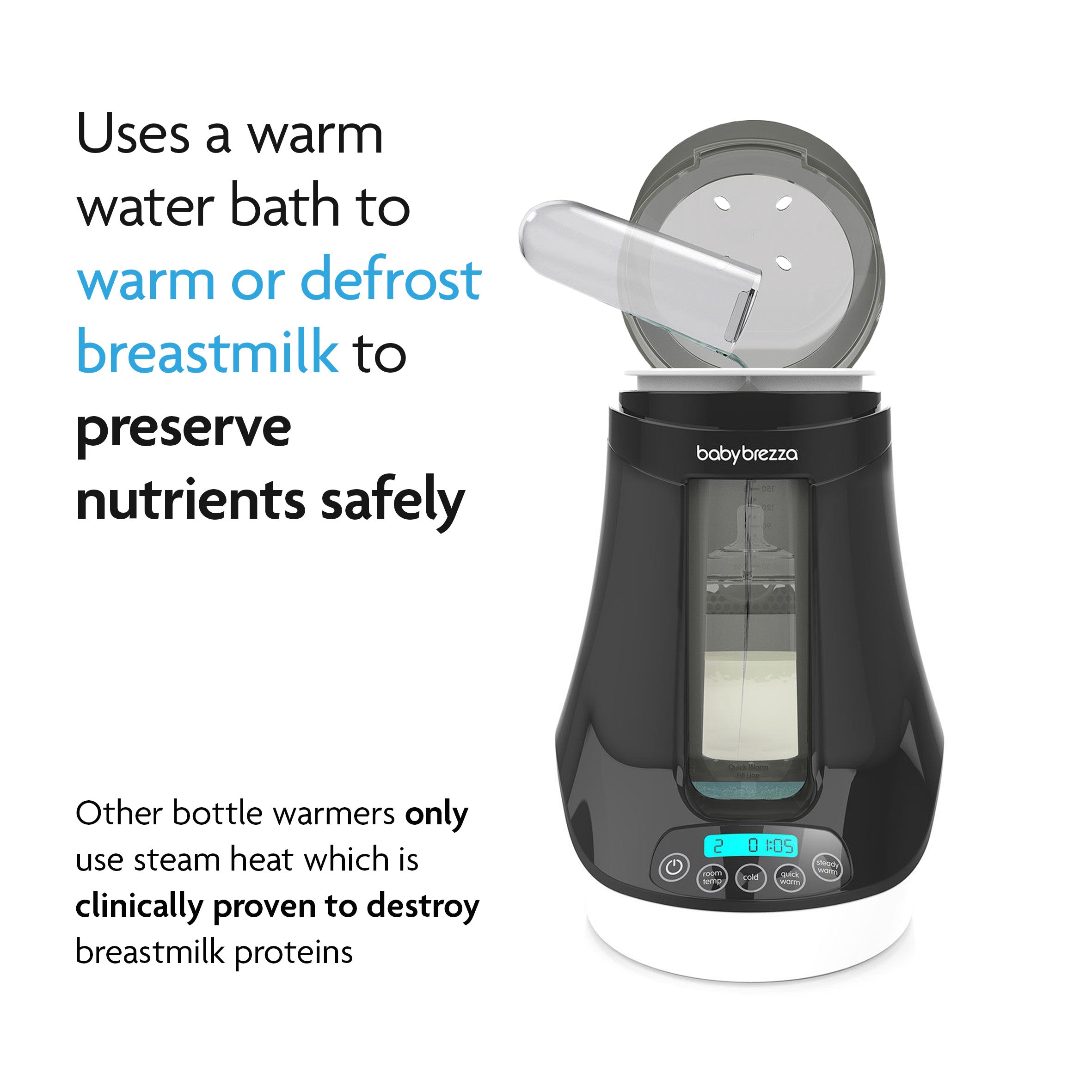 The Bottle & Breastmilk Warmer is shown with an open lid warming a bottle. It gently warms using a water bath, preserving breast milk nutrients—unlike steam warmers that may destroy important proteins. - product thumbnail