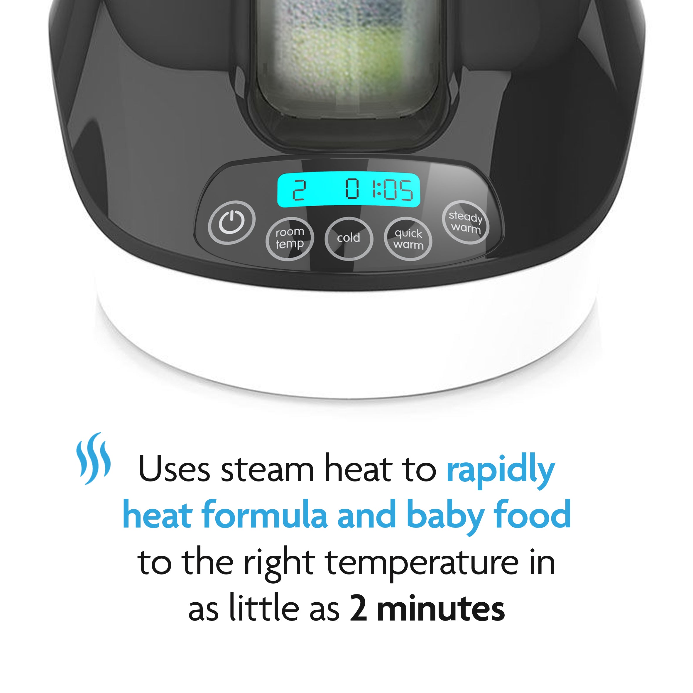 The Bottle & Breastmilk Warmer features a digital display and control buttons, using steam heat to safely warm formula or baby food to the right temperature in as little as 2 minutes. - product thumbnail