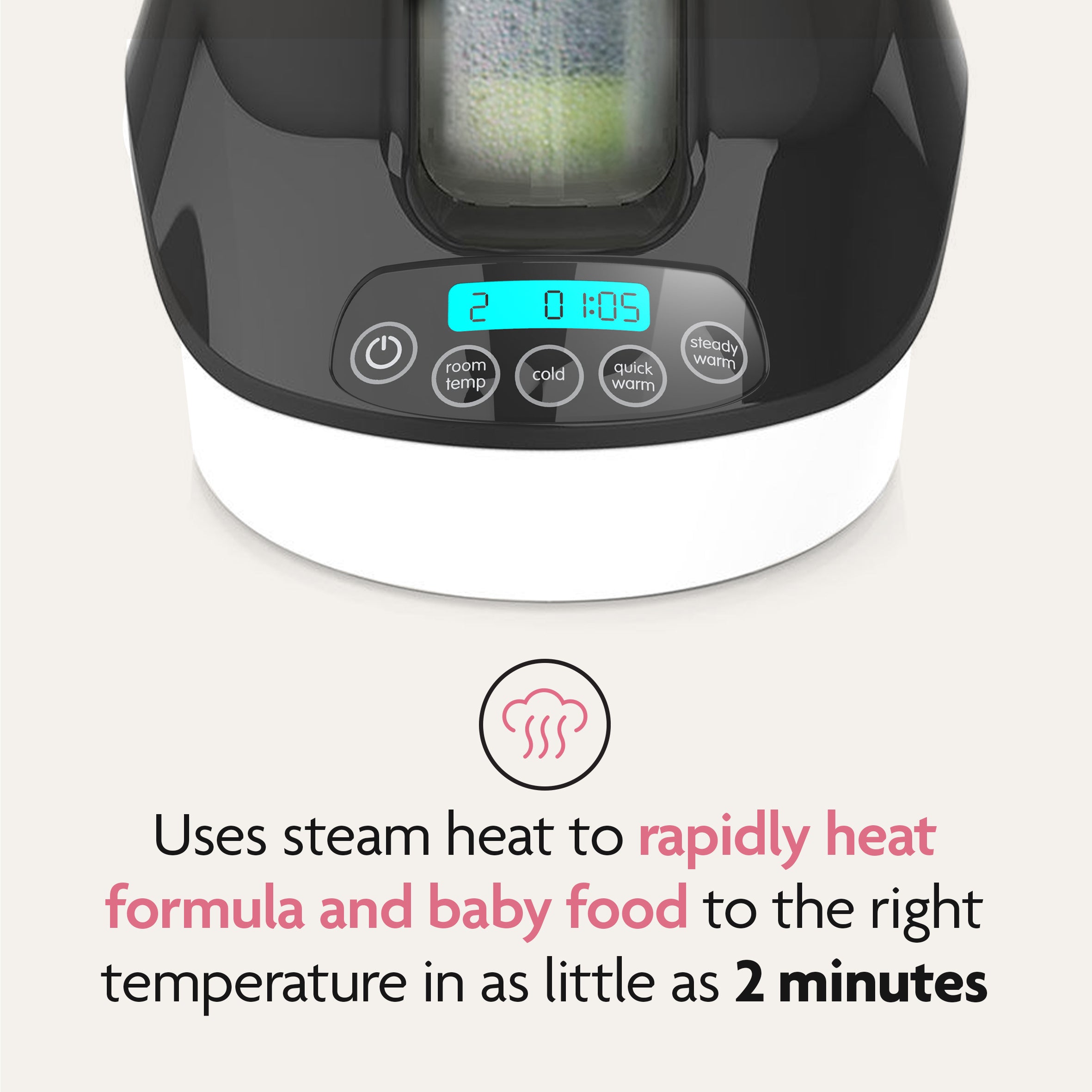 Close-up of the Baby Brezza BUNDLE Steriliser Dryer Advanced Black And Bottle & Breast Milk Warmer by Baby Brezza UK, showing a digital timer at 2:01:05. This device rapidly warms formula, breastmilk or baby food with steam heat in as little as 2 minutes. - product thumbnail