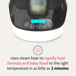 A close-up of the Baby Brezza UK Bottle & Breastmilk Warmer with a digital timer. Text below reads: Rapidly heats formula, breastmilk, and baby food using steam in as little as 2 minutes. - product thumbnail