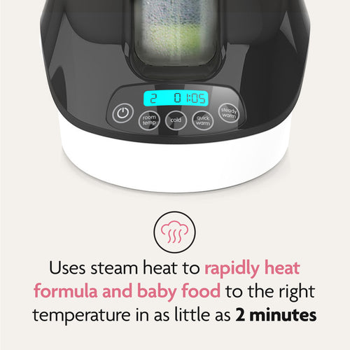 A close-up of the Baby Brezza UK Bottle & Breastmilk Warmer with a digital timer. Text below reads: Rapidly heats formula, breastmilk, and baby food using steam in as little as 2 minutes. - product thumbnail