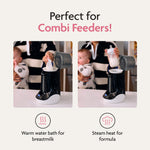 A woman holds a baby while using the Baby Brezza BUNDLE Steriliser Dryer Advanced Black And Bottle & Breast Milk Warmer. Text: Perfect for combi feeders! Warm water bath for breastmilk, steam heat for formula. From Baby Brezza UK. - product thumbnail