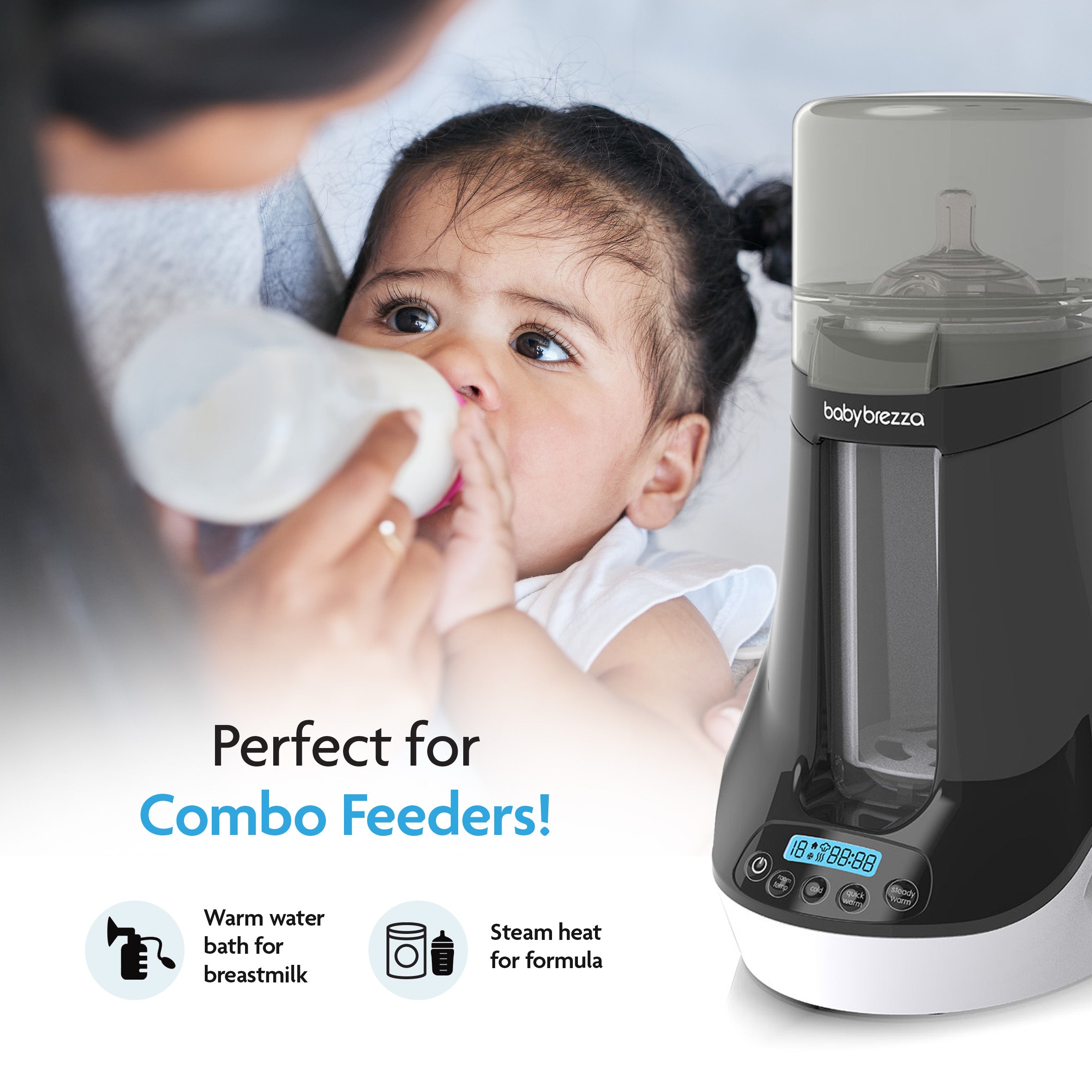 An adult feeds a baby from a bottle beside the Bottle & Breastmilk Warmer with digital controls. Text: Perfect for Combo Feeders! Gentle warming for breastmilk, steam heat option for formula. - product thumbnail