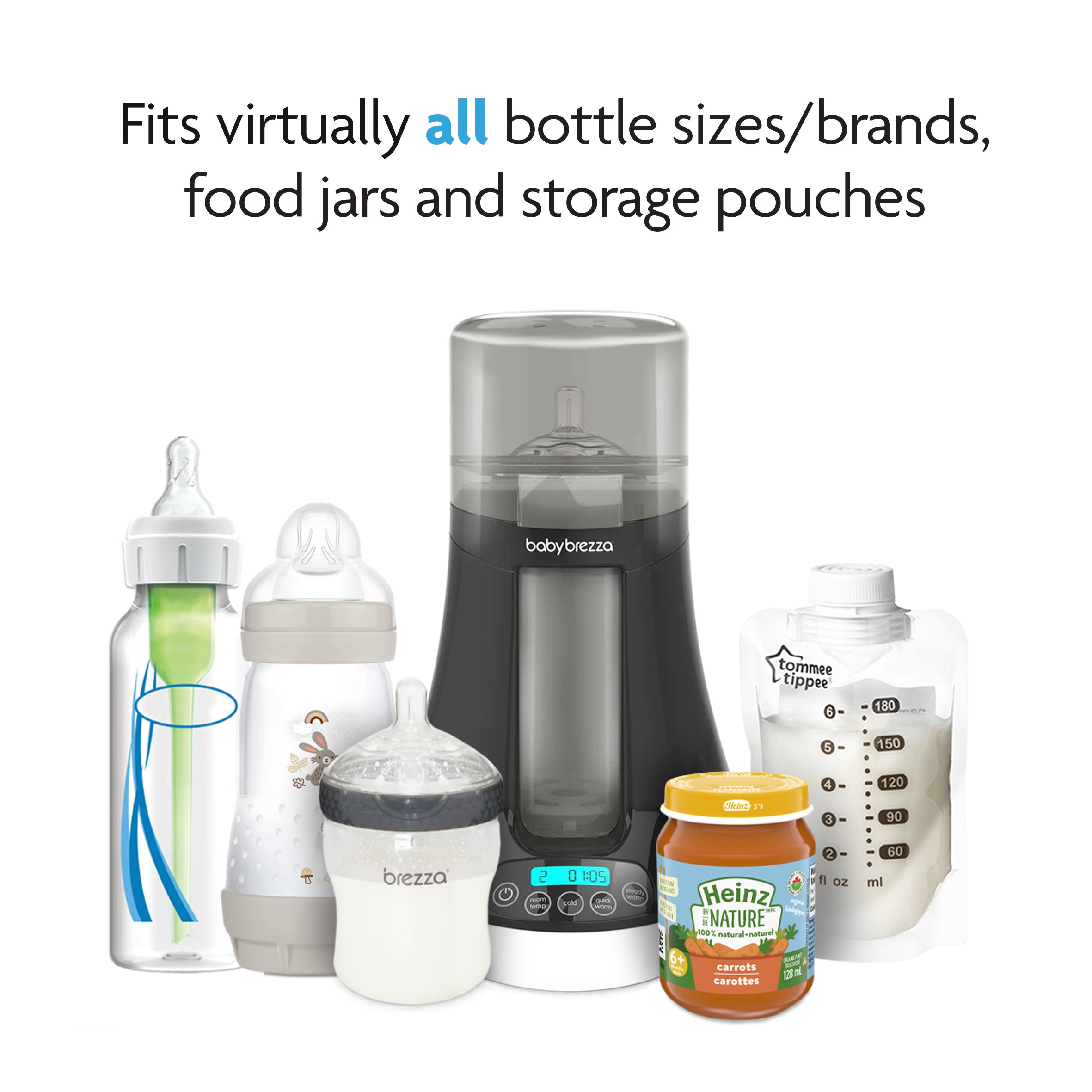 A Bottle & Breastmilk Warmer sits among bottles, a food jar, and a pouch—demonstrating safe warming and compatibility with nearly all brands, sizes, jars, and pouches. Text above reads: Fits virtually all bottle sizes/brands. - product thumbnail