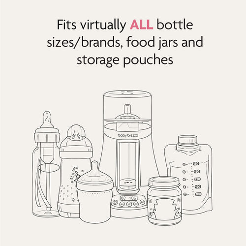 Line drawing of baby bottles, food jars, and pouches surrounds the Baby Brezza UK Bottle & Breastmilk Warmer, with text noting it fits nearly all sizes and brands of bottles, food jars, and storage pouches. - product thumbnail