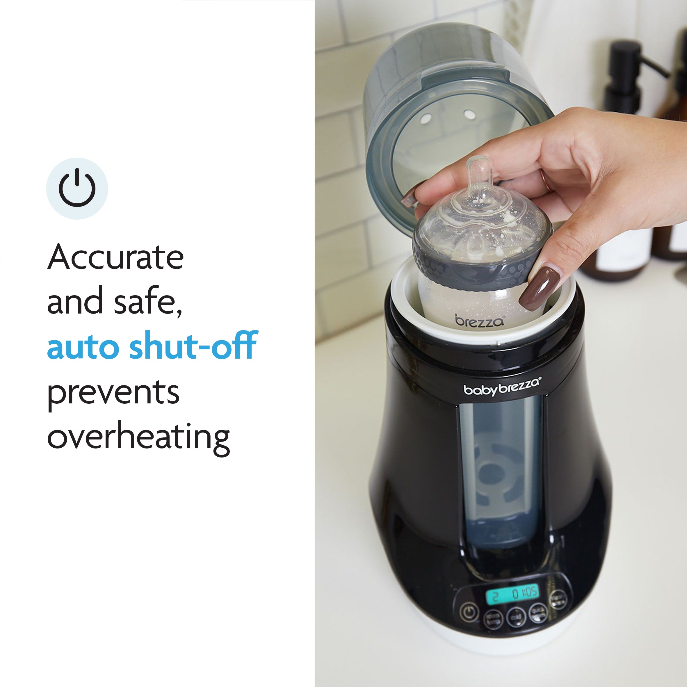 A hand places a baby bottle into a black Baby Brezza UK Bottle & Breastmilk Warmer. Text reads: Accurate and safe, auto shut-off prevents overheating and preserves nutrients, with "auto shut-off" highlighted in blue. - product thumbnail