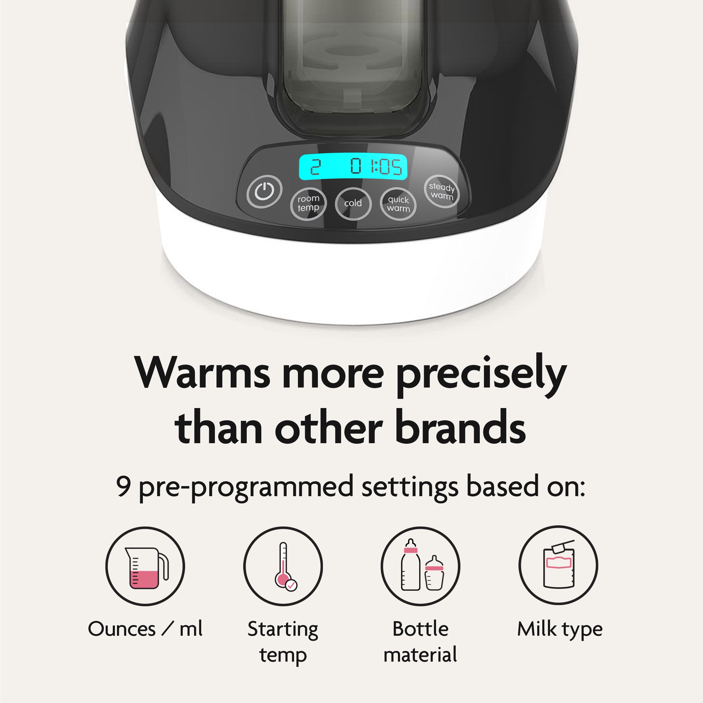 The Baby Brezza BUNDLE Steriliser Dryer Advanced Black and Bottle & Breast Milk Warmer by Baby Brezza UK features a digital timer, buttons, and displays "Warms more precisely than other brands" with 9 pre-programmed settings and helpful icons. - product thumbnail