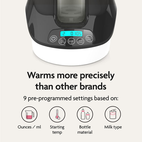 The Baby Brezza BUNDLE Steriliser Dryer Advanced Black and Bottle & Breast Milk Warmer by Baby Brezza UK features a digital timer, buttons, and displays "Warms more precisely than other brands" with 9 pre-programmed settings and helpful icons. - product thumbnail