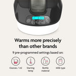 Close-up of the Baby Brezza UK Bottle & Breastmilk Warmer’s digital display and controls. Text: “Warms more precisely with 9 pre-set settings—adapts to ounces/ml, starting temp, bottle material, and milk type.”. - product thumbnail