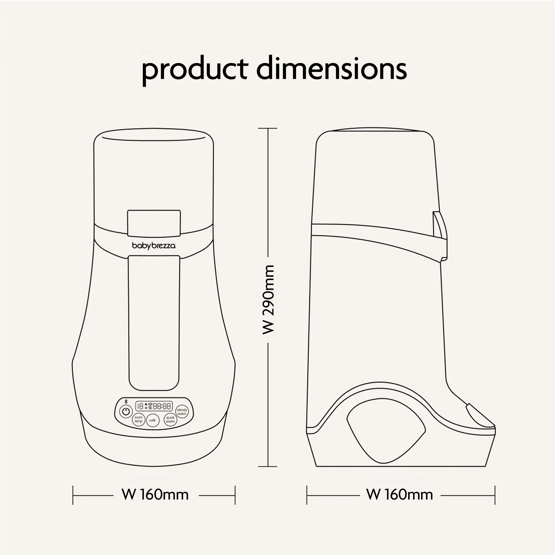 Line drawing of the Baby Brezza BUNDLE Steriliser Dryer Advanced Black And Bottle & Breast Milk Warmer by Baby Brezza UK, shown front and side, labeled with dimensions: 290mm high, 160mm wide. Top text: "Product Dimensions – Ideal for various bottle sizes. - product thumbnail