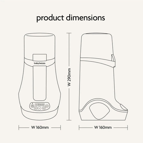 Line drawing of the Baby Brezza BUNDLE Steriliser Dryer Advanced Black And Bottle & Breast Milk Warmer by Baby Brezza UK, shown front and side, labeled with dimensions: 290mm high, 160mm wide. Top text: "Product Dimensions – Ideal for various bottle sizes. - product thumbnail