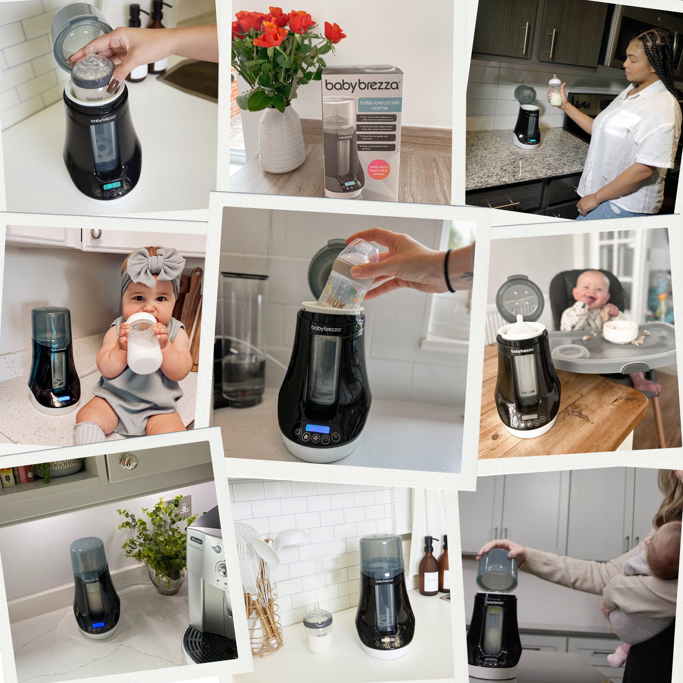 A collage showing people using the Baby Brezza UK Bottle & Breastmilk Warmer to prepare bottles, with babies drinking and the warmer placed on various kitchen counters. - product thumbnail