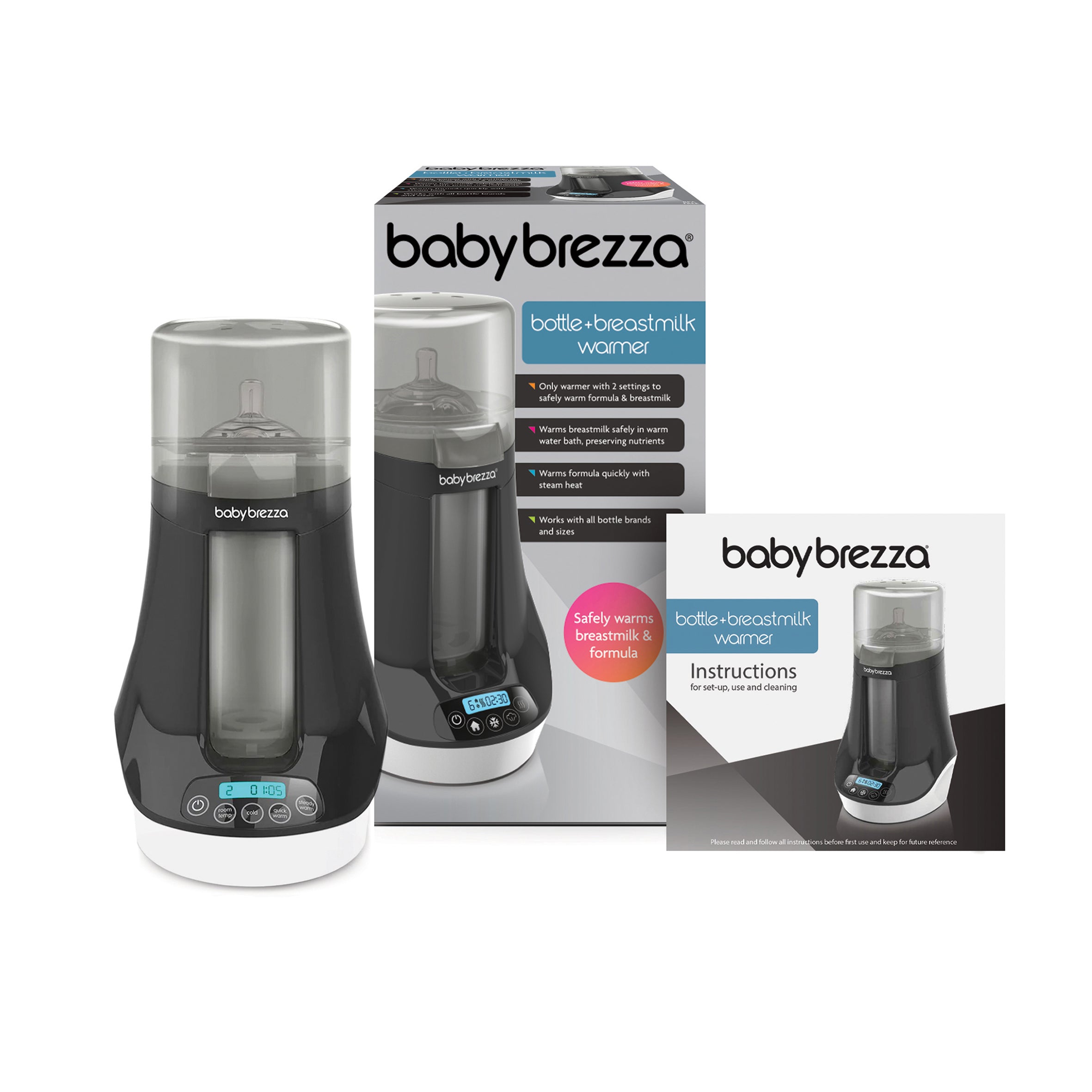 The Baby Brezza UK Bottle & Breastmilk Warmer, shown in black and gray with a digital display, sits beside its packaging and manual. This device efficiently warms bottles while preserving nutrients against a white background. - product thumbnail
